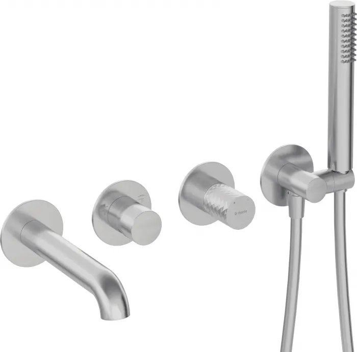 Baterie pentru cada, otel periat, cu 4 orificii, set dus inclus, montaj ingropat, Deante Silia Hexa