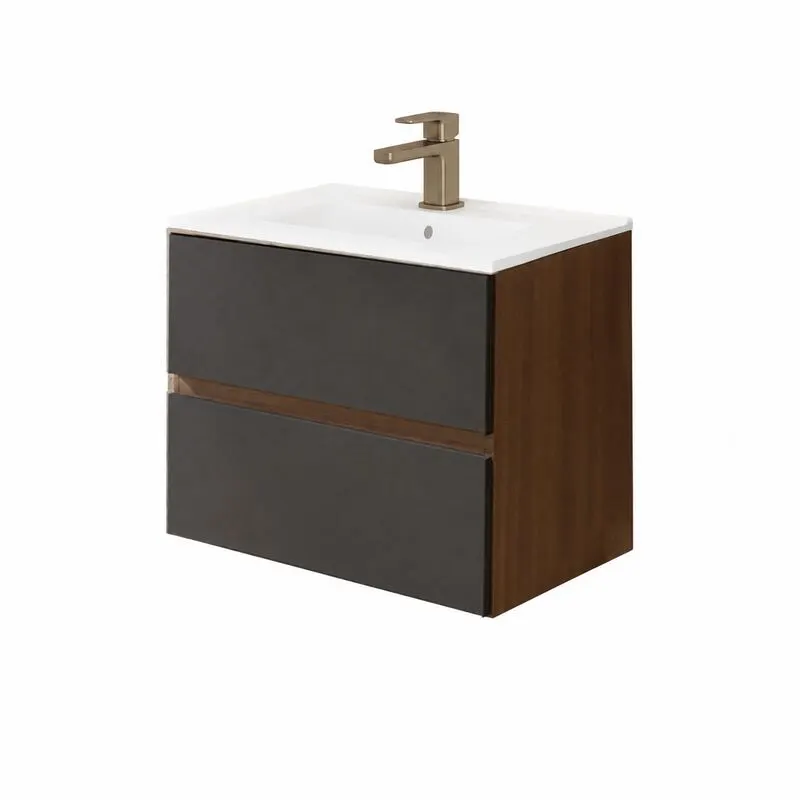 Mobilier lavoar suspendat Fluminia Genova 60, modular, nero mat, laterale rovere moka