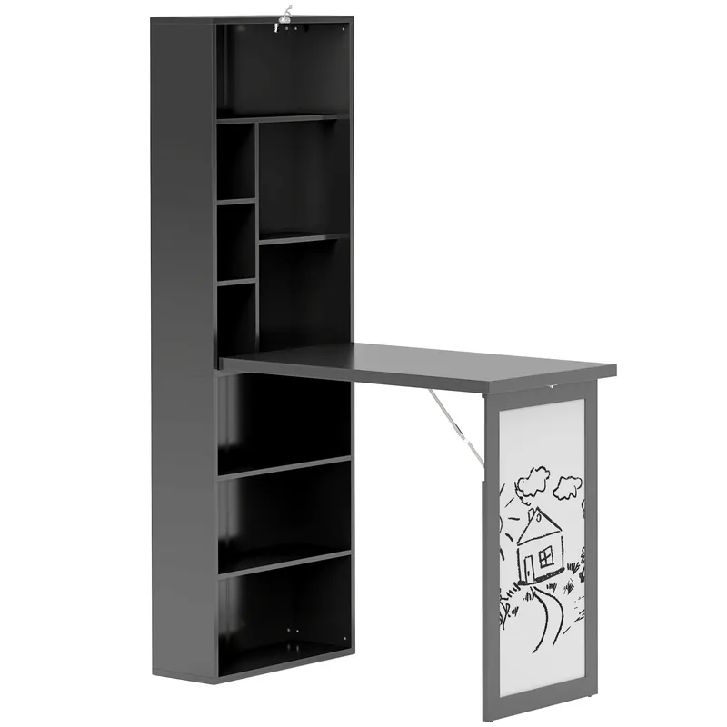 HOMCOM Birou Modern Pliabil cu Bibliotecă și Tablă, din Lemn și Metal, 98x51x153 cm, Negru