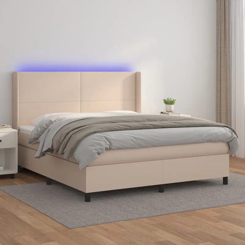 pat cu arcuri, saltea si led, cappuccino, 180x200cm, piele eco