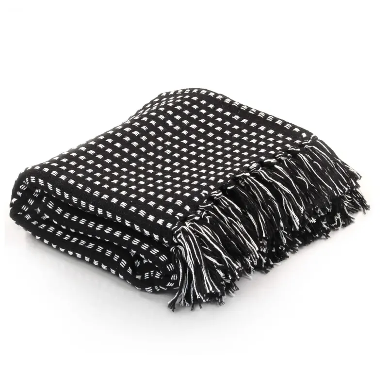 patura decorativa cu patratele, bumbac, 160 x 210 cm, negru