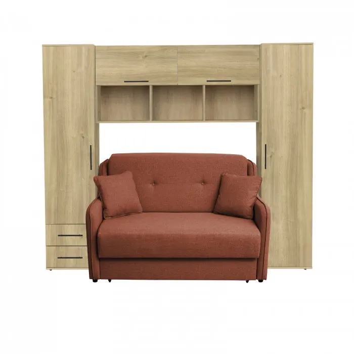 Set dormitor tineret YASMIN M1, 3 corpuri, stejar Belfast, 238x50x200 cm + Canapea GALA extensibila, 2 locuri, caramiziu, 143x98x98 cm