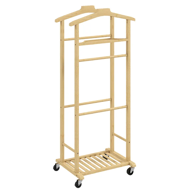 HOMCOM Suport de haine 4 în 1 pe roți din lemn de bambus, 47x33.7x105.5 cm