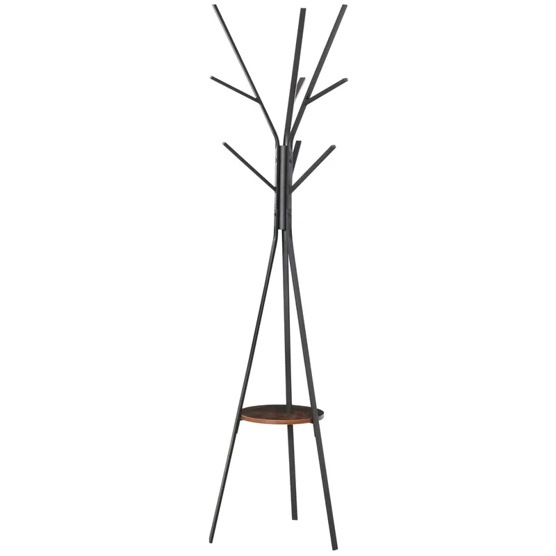 HOMCOM Cuier trepied design contemporan ramuri etajeră + 9 cuiere dim. 45L x 45l x 180H cm metal maro