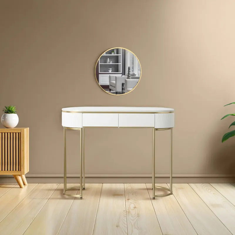 SEA74 - Set Masa toaleta, 100 cm, cosmetica, masa machiaj cu oglinda, cu scaun, masuta vanity - Alb-Auriu