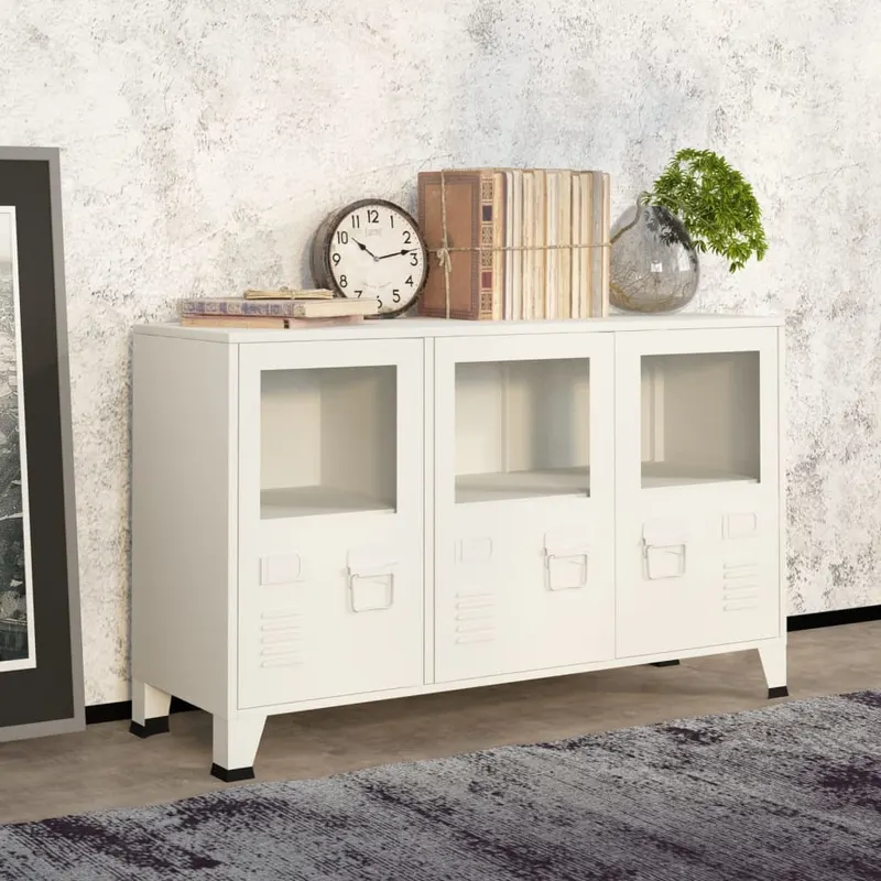 servanta industriala, alb, 105x35x62 cm, metal si sticla