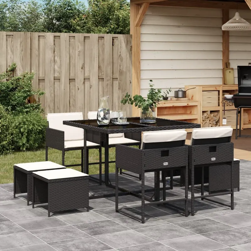 set mobilier de gradina cu perne, 9 piese, negru, poliratan
