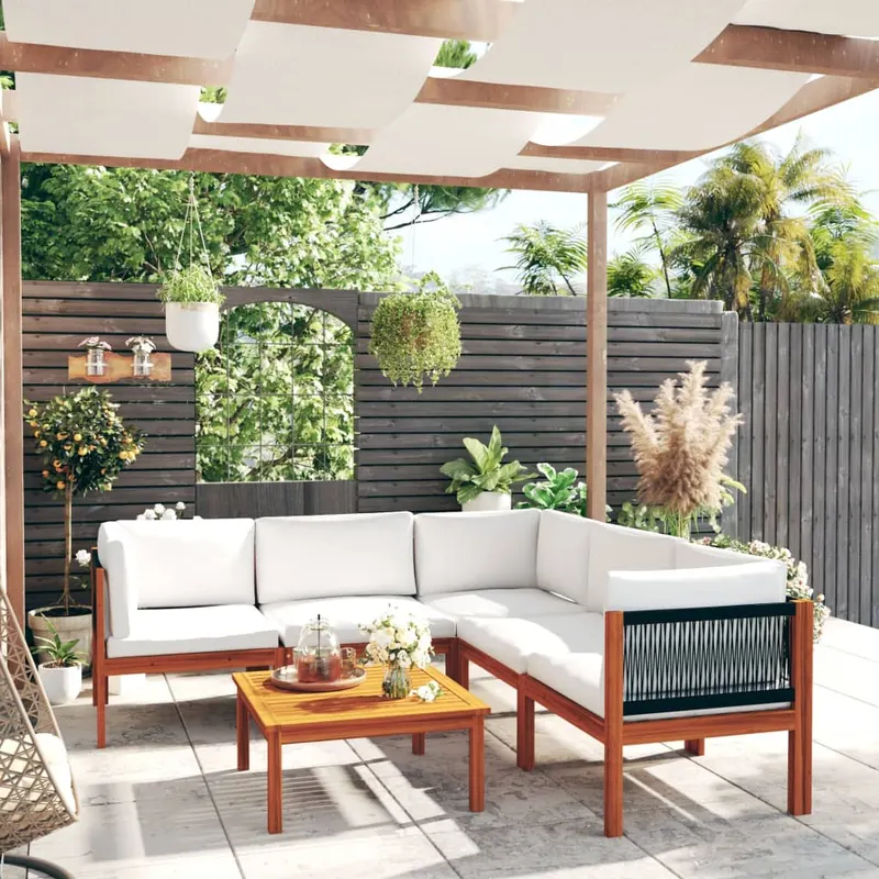 set mobilier gradina cu perne, crem, 6 piese, lemn masiv acacia