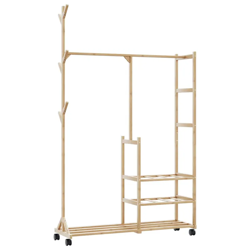 suport pentru haine cu rafturi si roti 100x38x175,5 cm bambus