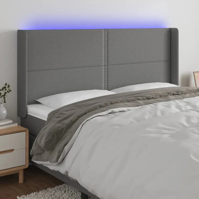 tablie de pat cu led, gri inchis, 183x16x118/128 cm, textil
