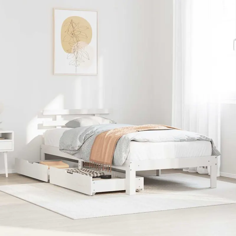cadru pat cu sertare alb 100x200 cm lemn masiv pin