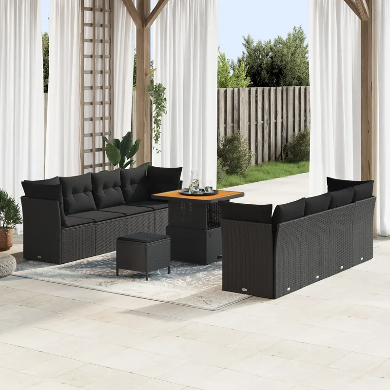 Set de canapea pentru gradina cu 11 piese cu perne negru ratan poli acacia, set de dining pentru gradina cu 3 piese cu perne negru ratan poli acacia