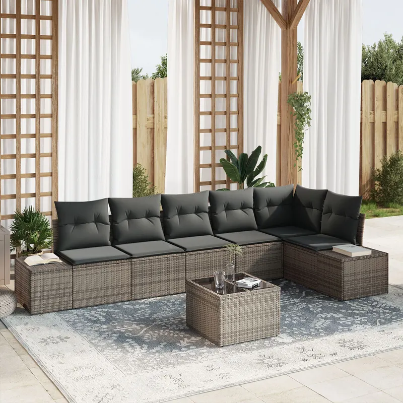 set de canapea de gradina cu 6 piese cu perne negre din poliratan
