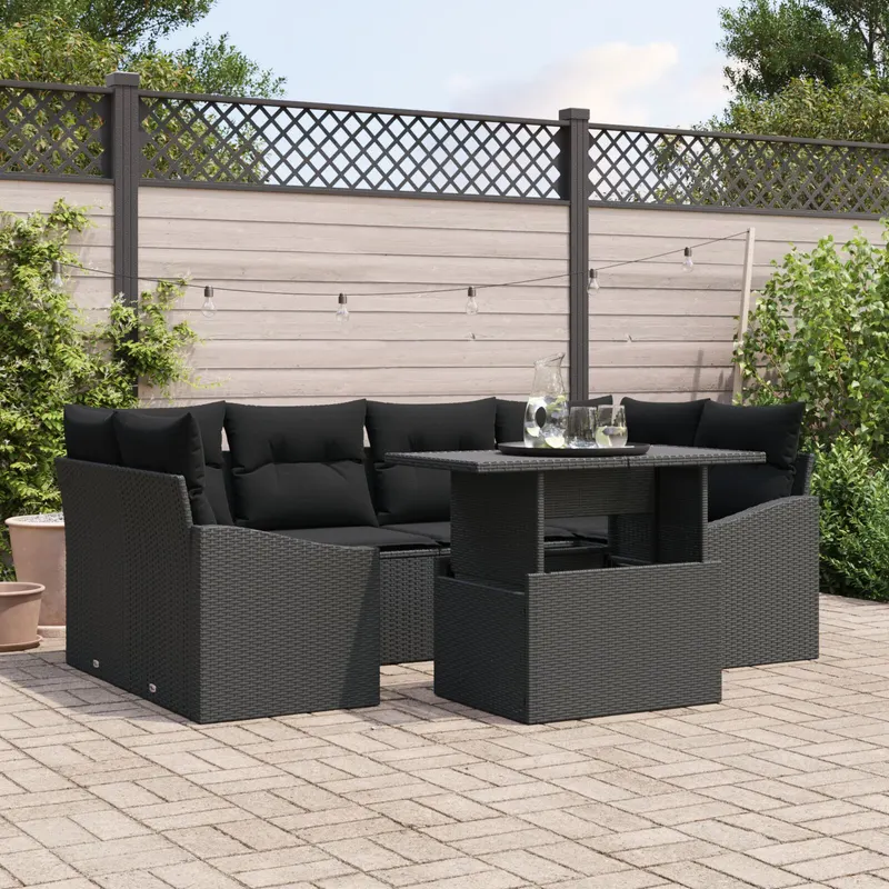 set de canapele de gradina format din 7 piese cu perne, rattan politat negru