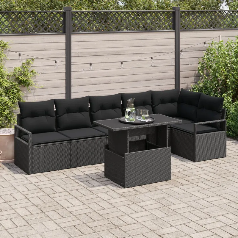 Set de canapea pentru gradina cu 7 piese si perne ratan negru, canapea pentru gradina cu 2 locuri si depozitare & perne ratan negru