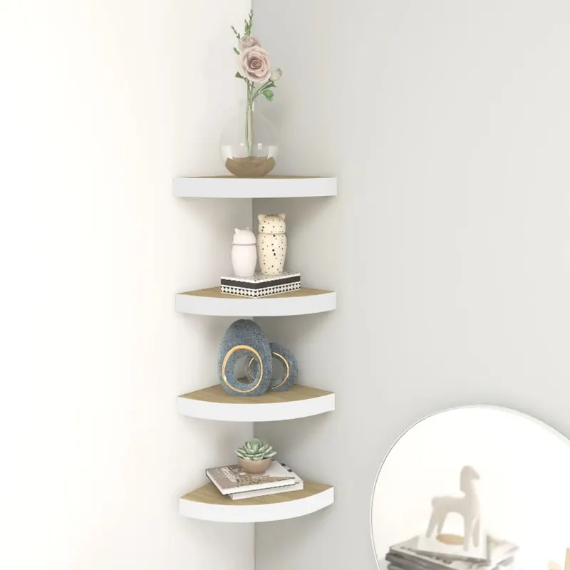 rafturi de perete de colt 4 buc. stejar si alb 25x25x3,8cm mdf