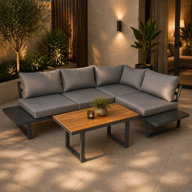 Set mobilier gradina Bogota coltar modular, 2 canapele si masa cu inaltime reglabila, cadru aluminiu, 160x70x79 cm, gri