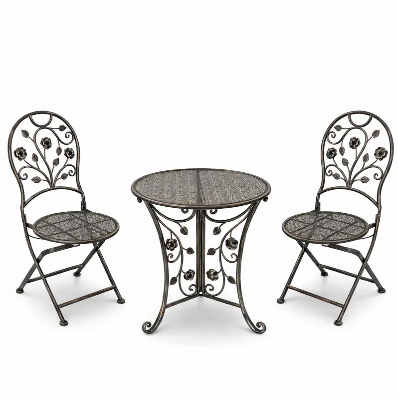 Set mobilier gradina metalic Madison, masa 70Ã-75 cm si 2 scaune 43x40x94 cm, stil vintage, bronz