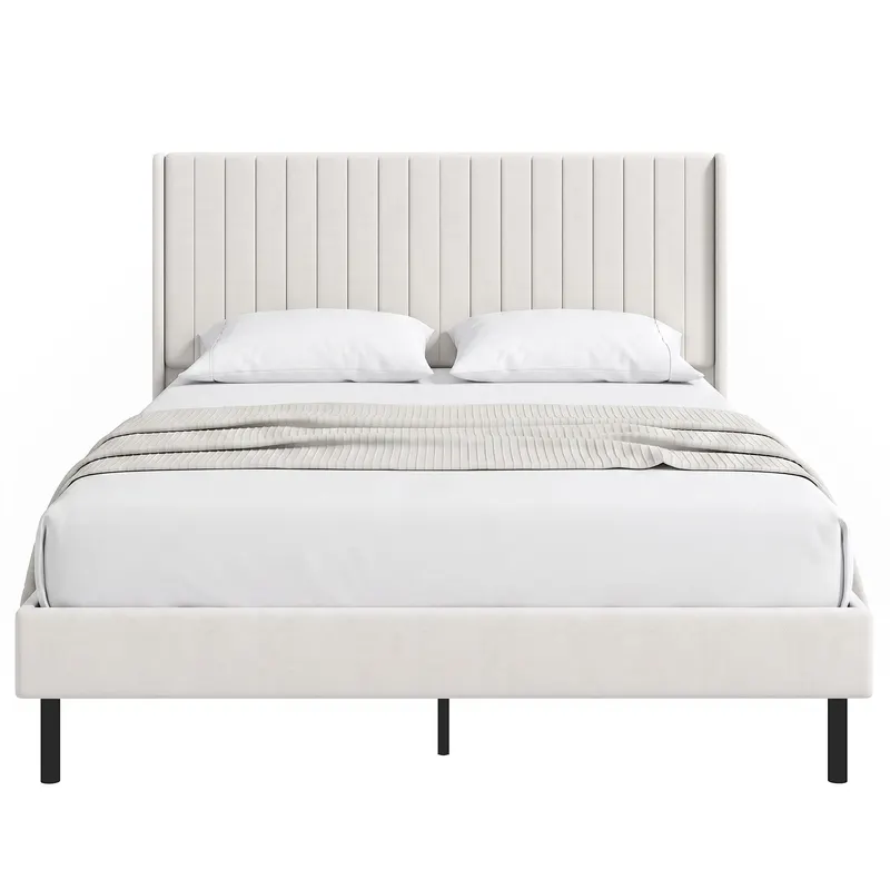 HOMCOM Cadru de pat 140 x 200 cm cu tăblie reglabilă, pat tapițat cu 12 lamele, bej
