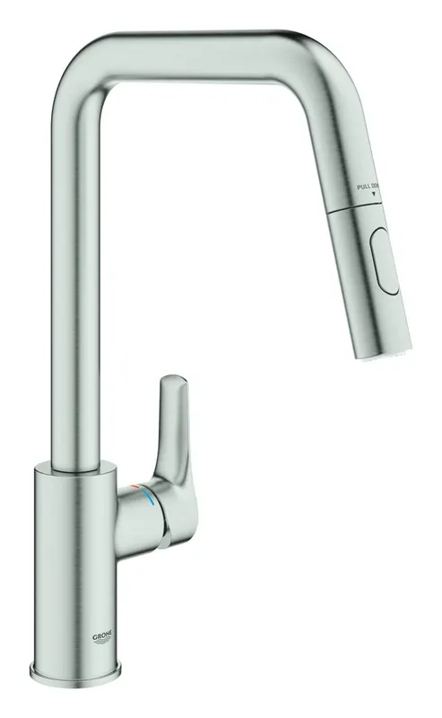 Baterie bucatarie Grohe 30619DC0, Eurosmart, inalta, tip U, dus, 2 functii, mat, otel satinat