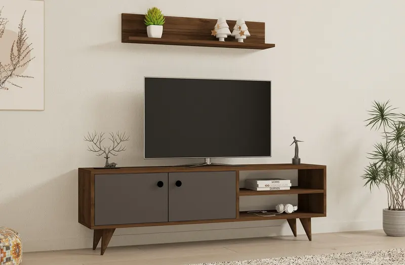 Comodă TV Erho, Nuc - Antracit, 140x30x45 cm - Nuc - Antracit