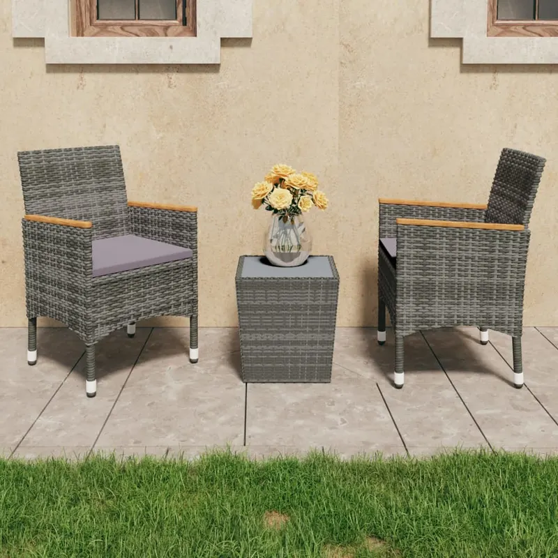 set mobilier bistro, 3 piese, gri, poliratan/sticla securizata