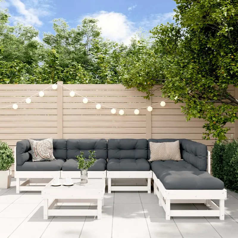 set mobilier de gradina, 7 piese, alb, lemn masiv de pin