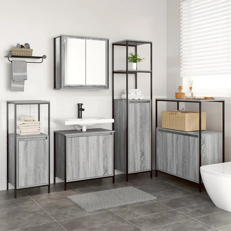 set mobila baie 5 piese din lemn compus gri sonoma