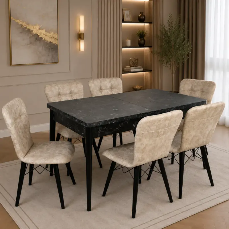 Set masa extensibila cu 6 scaune tapitate cristal negru-bej 170 x 80 cm
