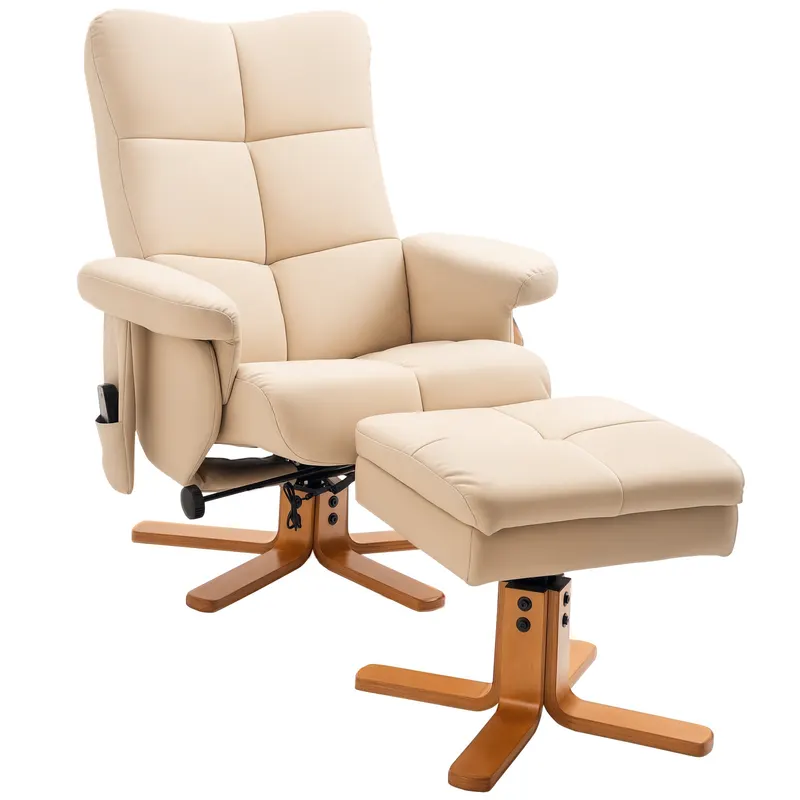 HOMCOM Massagesessel cu Hocker, Scaun de relaxare electric rotativ la 360° cu funcție de întindere și spațiu de depozitare, scaun TV cu buzunar lateral și telecomandă pentru sufragerie, piele ecologică, Crem