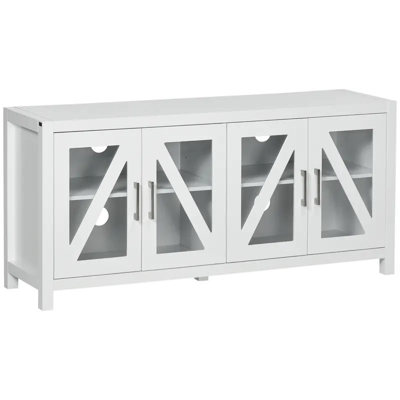 HOMCOM Comodă TV pentru living masă pentru televizoare de până la 147,3 cm cu 4 uși din sticlă, rafturi reglabile 130x35x60 cm Alb