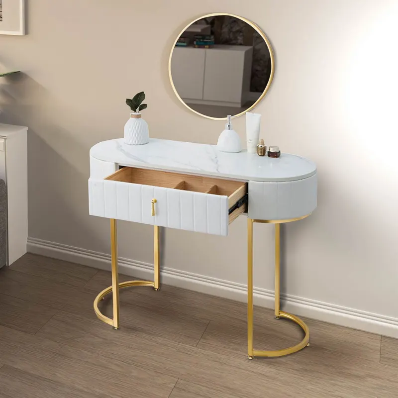 SEA75 - Set Masa toaleta, 100 cm, cosmetica, masa machiaj cu oglinda, masuta vanity cu scaun - Alb-Auriu
