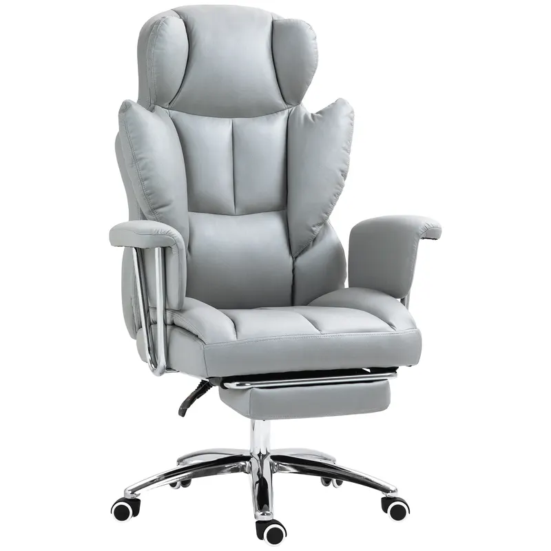 HOMCOM Scaun ergonomic de birou, căptușit, cu suport pentru picioare, spătar reglabil, rotativ 360°, Gri deschis