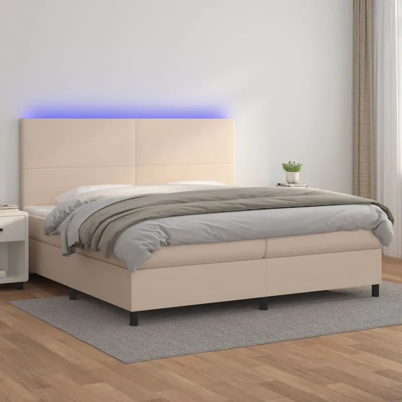 Pat cu arcuri, cu saltea si led cappuccino 200x200 cm piele eco