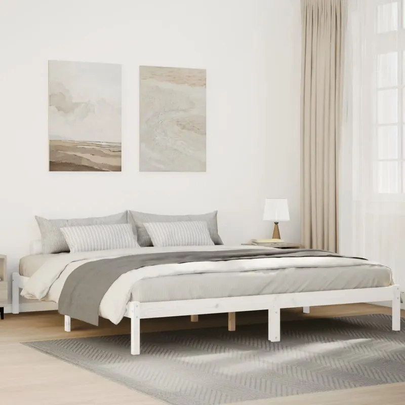 cadru pat foarte lung fara saltea alb 180x220 cm lemn masiv pin