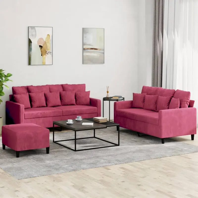 set canapea cu perne, 3 piese, rosu vin, catifea