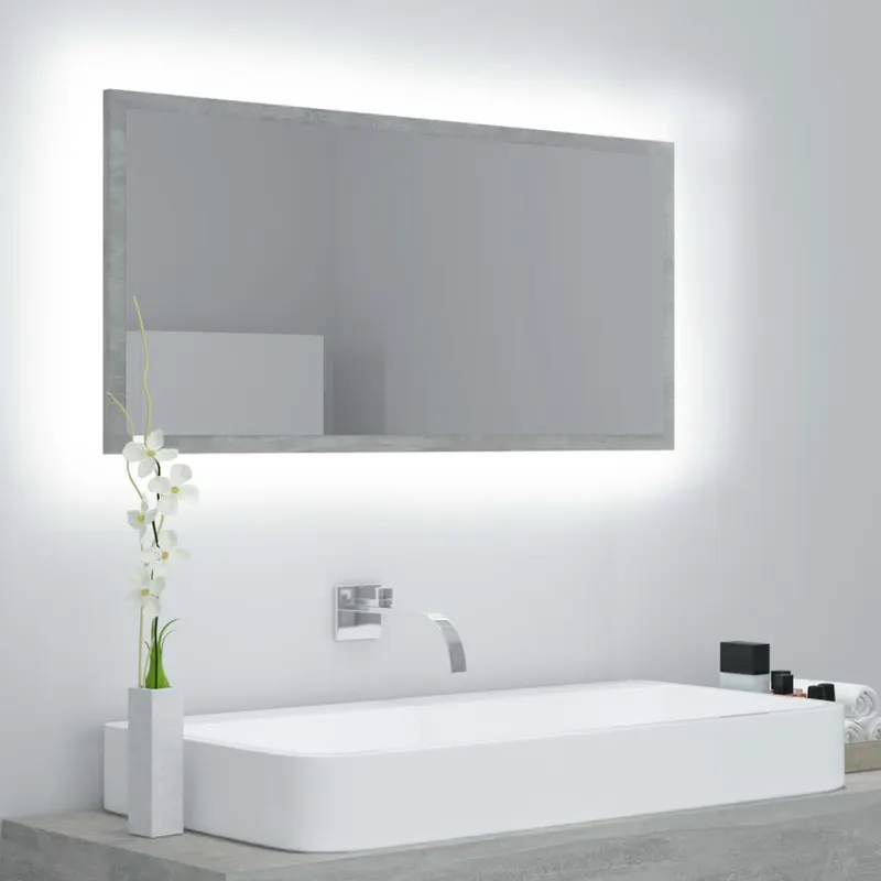 oglinda de baie cu led, gri beton, 90x8,5x37 cm, acril