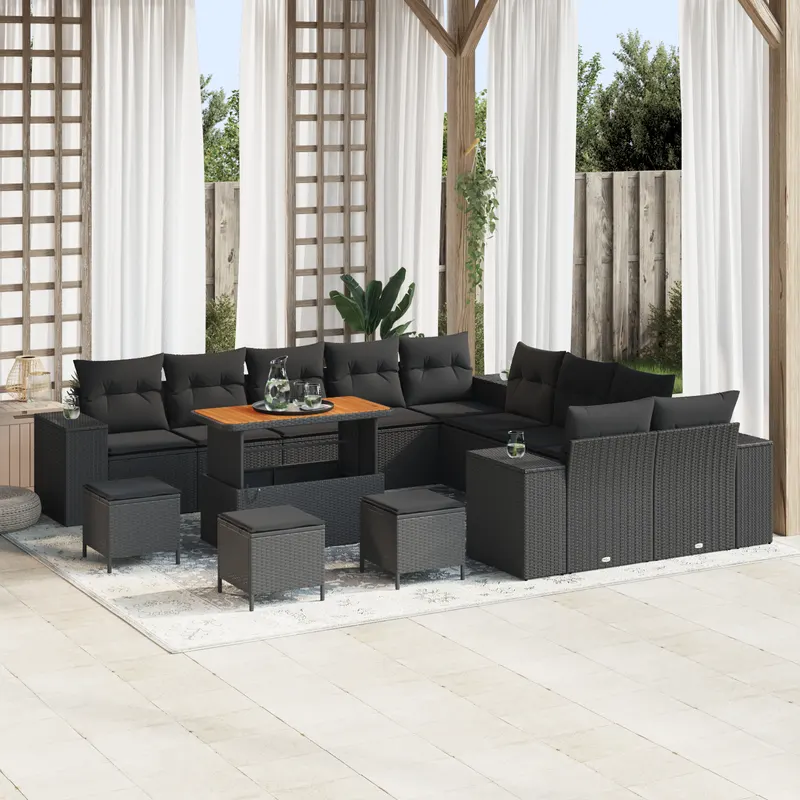 Set de canapele pentru gradina cu 14 piese si perne din ratan polirat negru acacia, set de dining pentru gradina cu 4 piese si perne din ratan polirat negru acacia