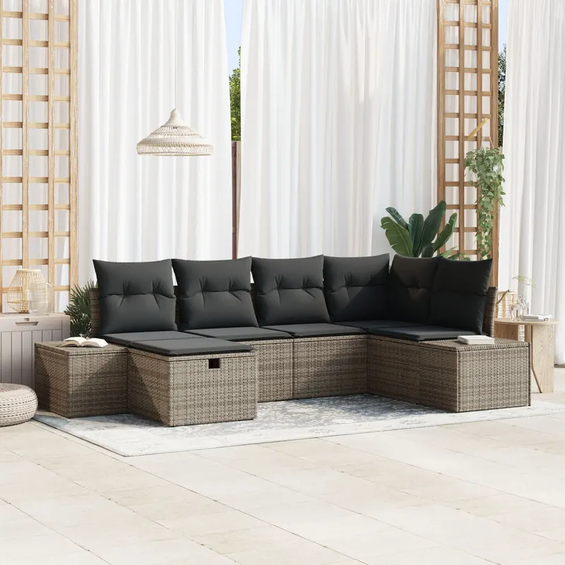 set de canapea de gradina cu 6 piese si perne gri din ratan pe
