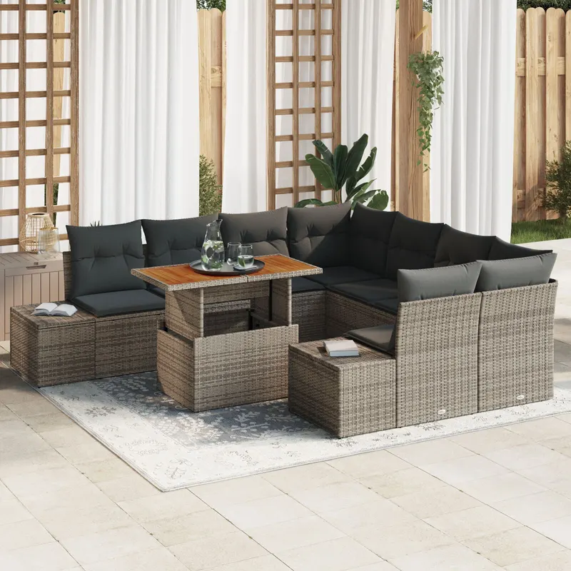 set de canapele gradina cu 9 piese cu pernute gri poli ratan