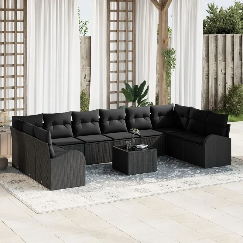 set de canapea de gradina cu 11 piese cu perne negre din poliratan