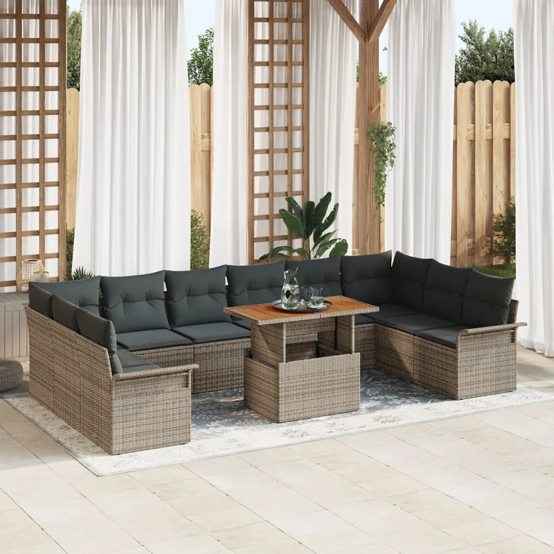 set de dining pentru gradina , 11 piese cu perne, gri, ratan sintetic si acacia