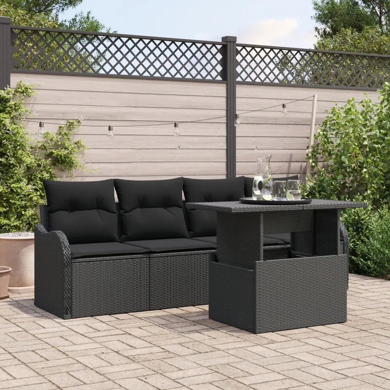 Set canapea de gradina 5 piese cu perne negru poliratan, canapea de gradina cu 2 locuri si perne negru poliratan