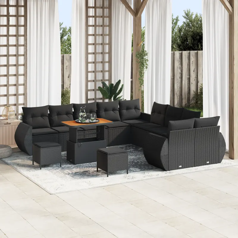 Set de canapele pentru gradina de 13 piese cu perne negre din poliratan si acacia, set de dining pentru gradina de 3 piese cu perne negre din poliratan si acacia