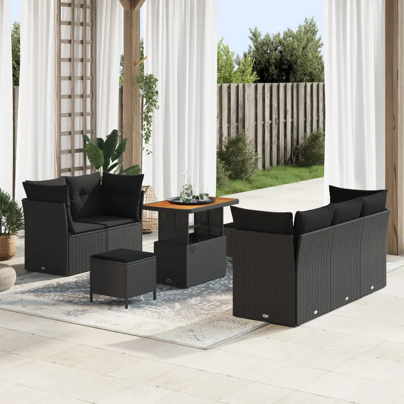 Set canapea gradina cu 8 piese si perna ratan poli negru acacia, set dining gradina cu 3 piese si perna ratan poli negru acacia