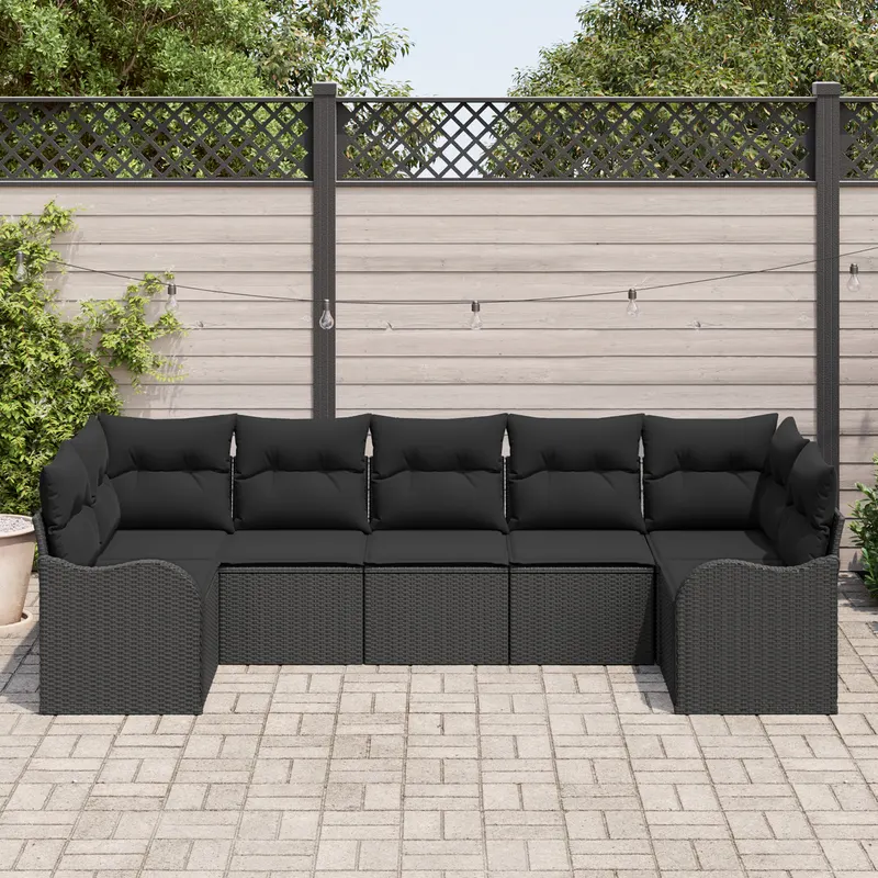Set de canapea de gradina 7 piese cu perne negru poliratan, canapea de gradina cu 2 locuri cu storage si perne negru poliratan