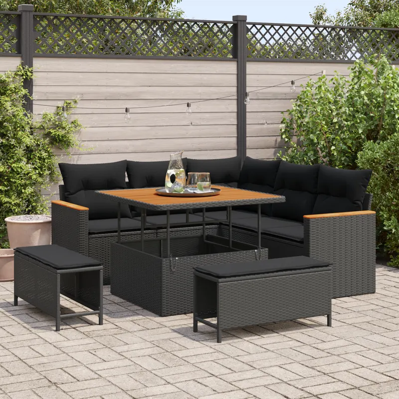 Set de canapea de gradina din 8 piese cu perne negru ratan poli, set de dining de gradina din 3 piese cu perne negru ratan poli