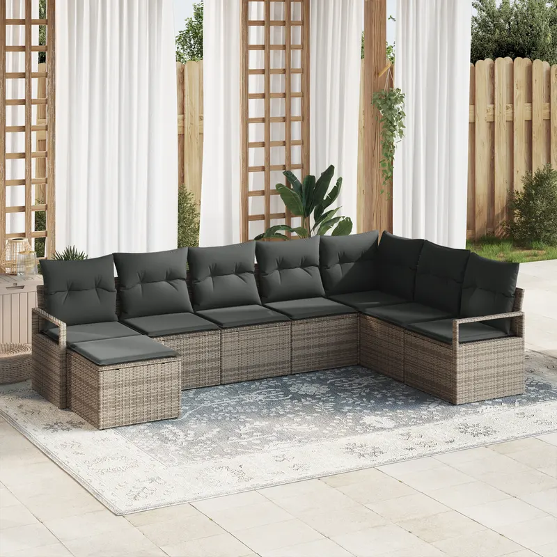 Set canapele gradina 8 piese cu perne gri din ratan poliester, canapea gradina 2 locuri cu depozitare & perne gri din ratan poliester