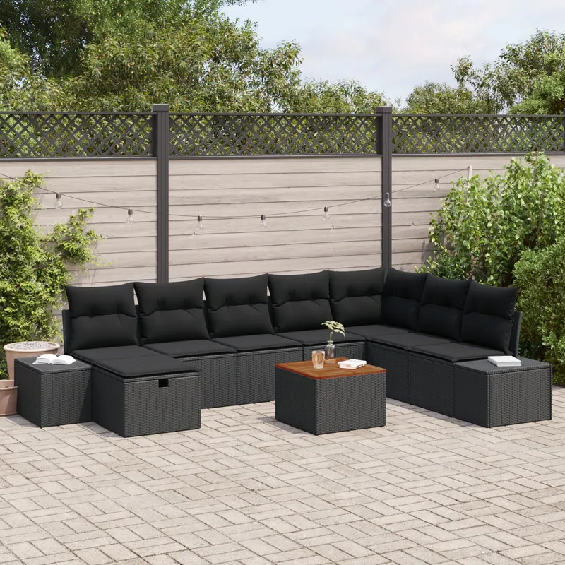 set de canapea cu 9 piese pentru gradina cu perne negre din poliratan