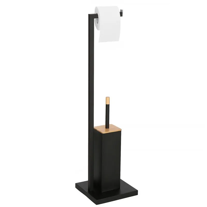 Stand perie wc suport hartie igienica metal bambus, 79 cm inaltime, design modern, negru